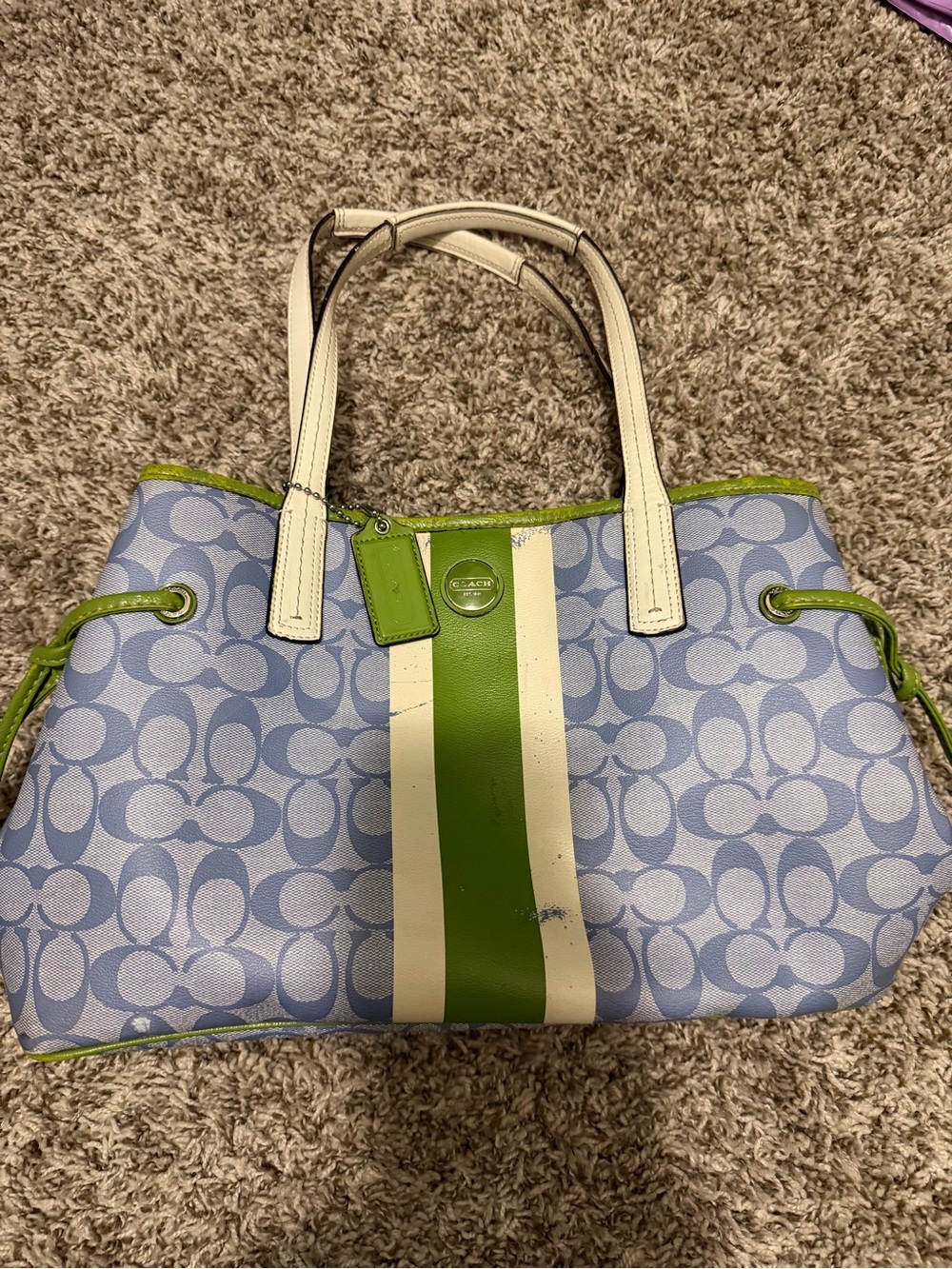 Vintage Coach Signature Stripe Tote Bag in Light Blue and Green